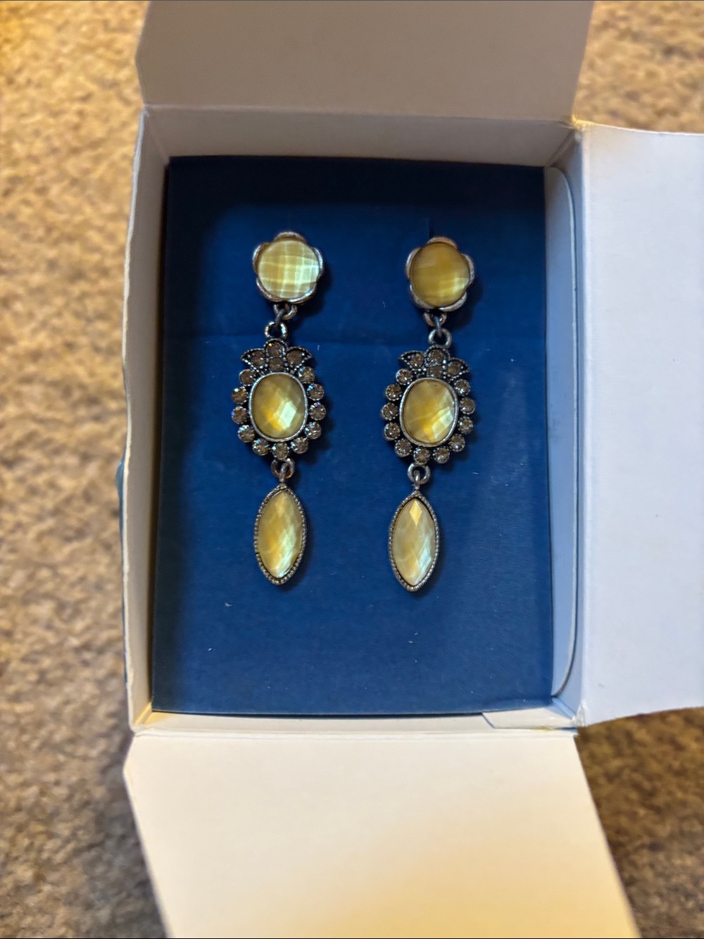 Avon Yellow Faceted Drop Earrings with Floral Frames